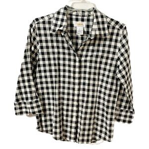 Talbots Linen Blend Button Up Buffalo Checked Pointed Collared Shirt 3/4 Sleeves